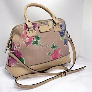 Kate Spade Floral Satchel Crossbody Handbag Beige Linen Jute Canvas Leather Trim